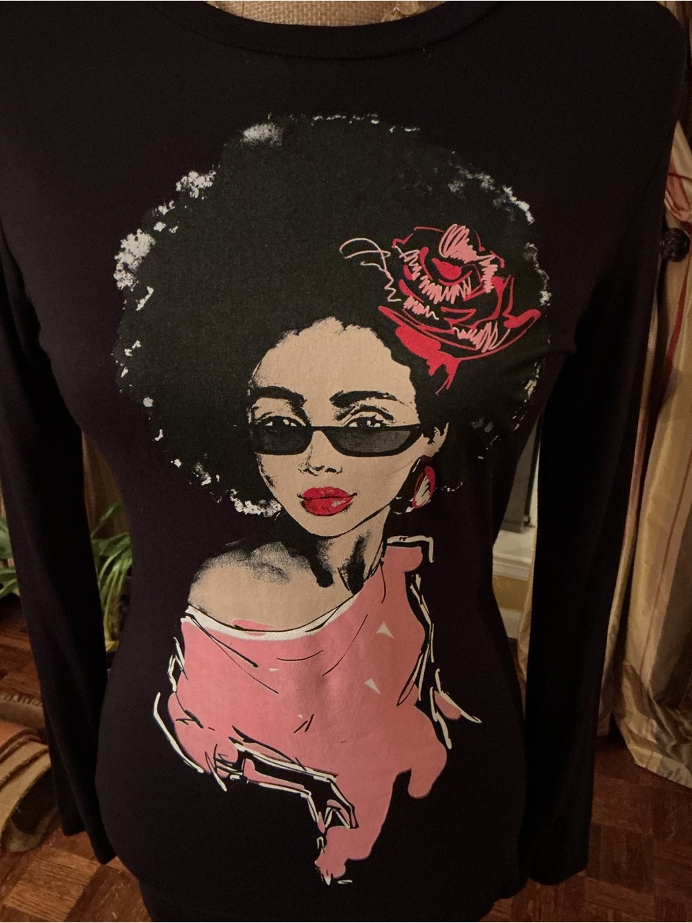 Black Long-Sleeve Graphic Tee with Pink Accents